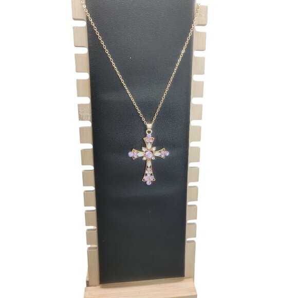 Sparkling Purple Rhinestone & Faux Opal Cross Pendant Necklace 19" Gold Plated - Picture 13 of 16